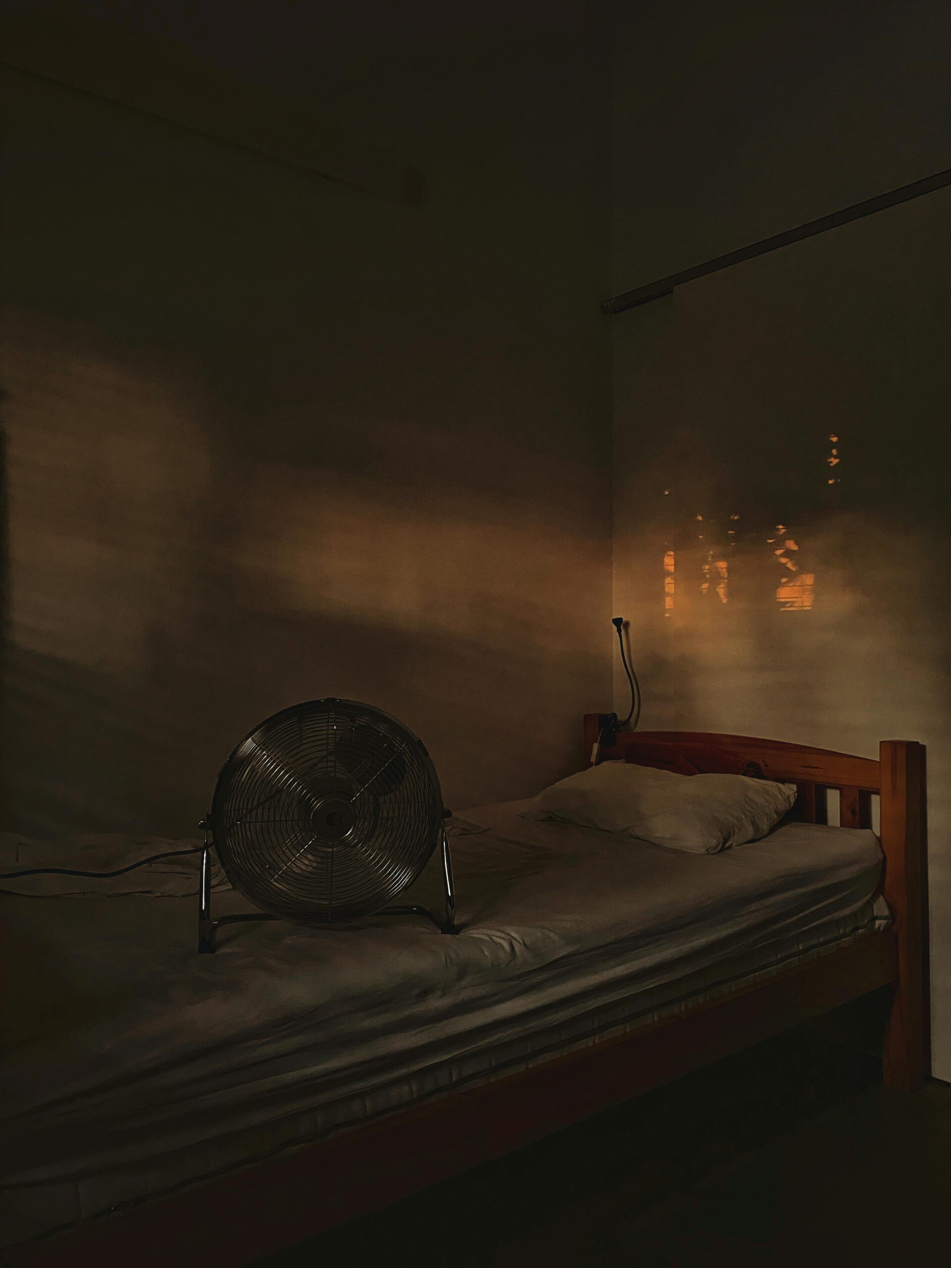 Dimly lit room with fan and bed